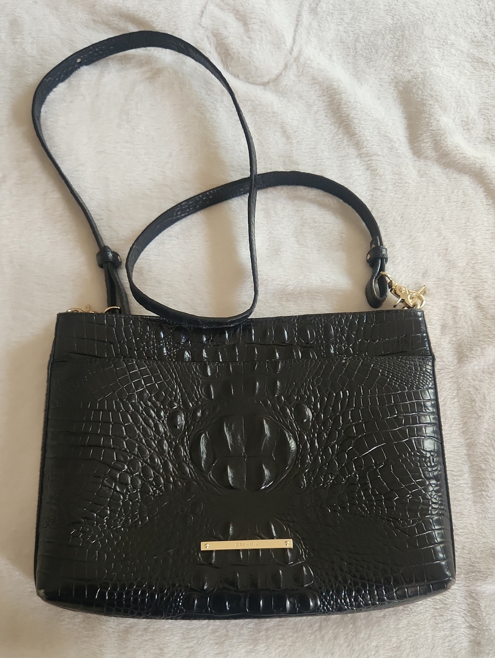 Brahmin Black Crocodile Embossed Leather Crossbody Bag Gold Hardware